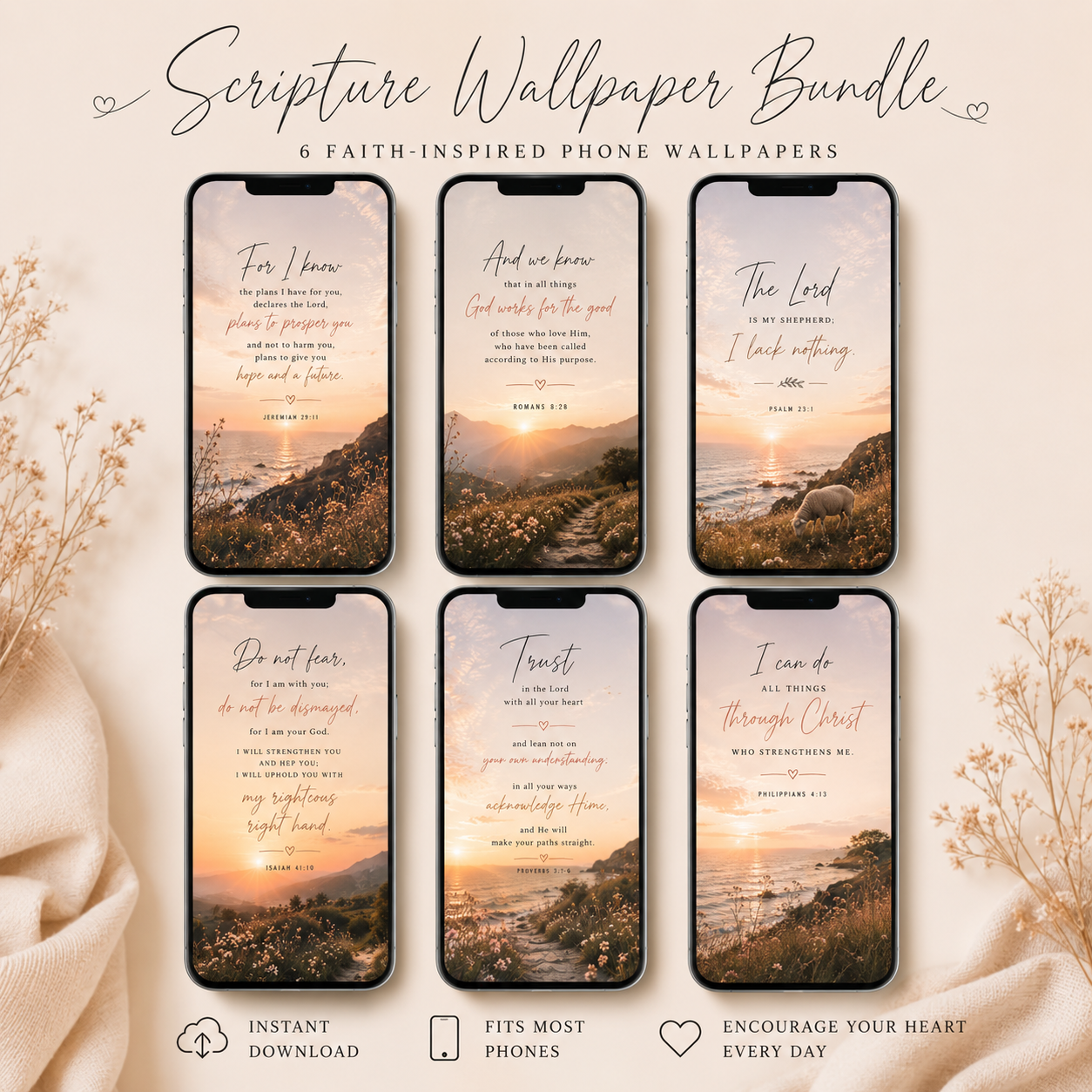 Christian Phone Wallpaper Bundle - Vol. 2 | 6 Bible Verse Wallpapers | Jeremiah 29:11 & More | Instant Digital Download