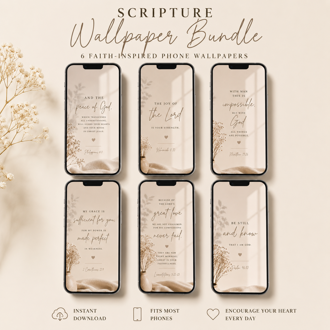 Scripture Phone Wallpaper Pack — Vol. 1: Still & Strong | 6 Christian Wallpapers for iPhone & Android | Instant Digital Download