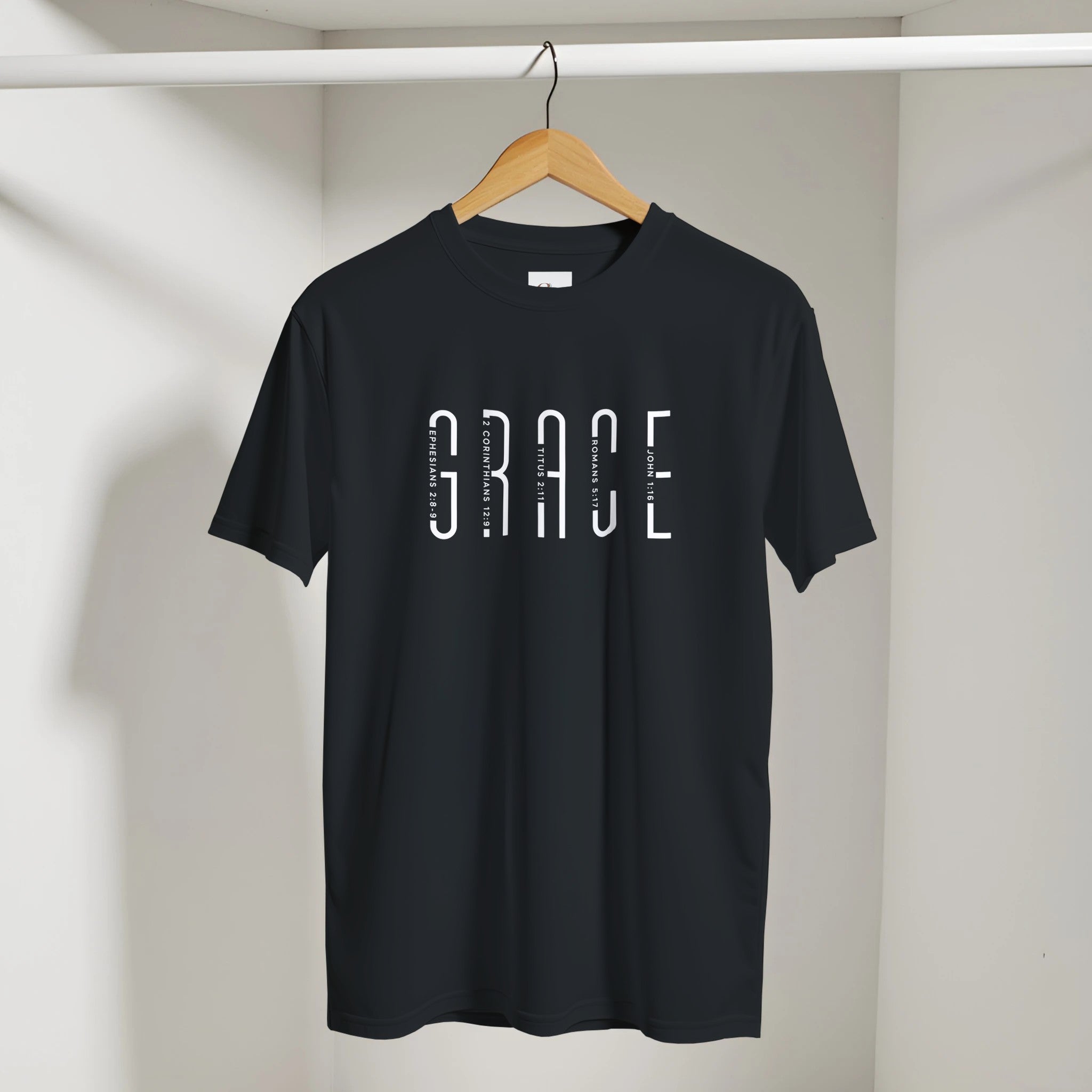 GRACE scripture letterform Christian t-shirt in black, minimalist white design