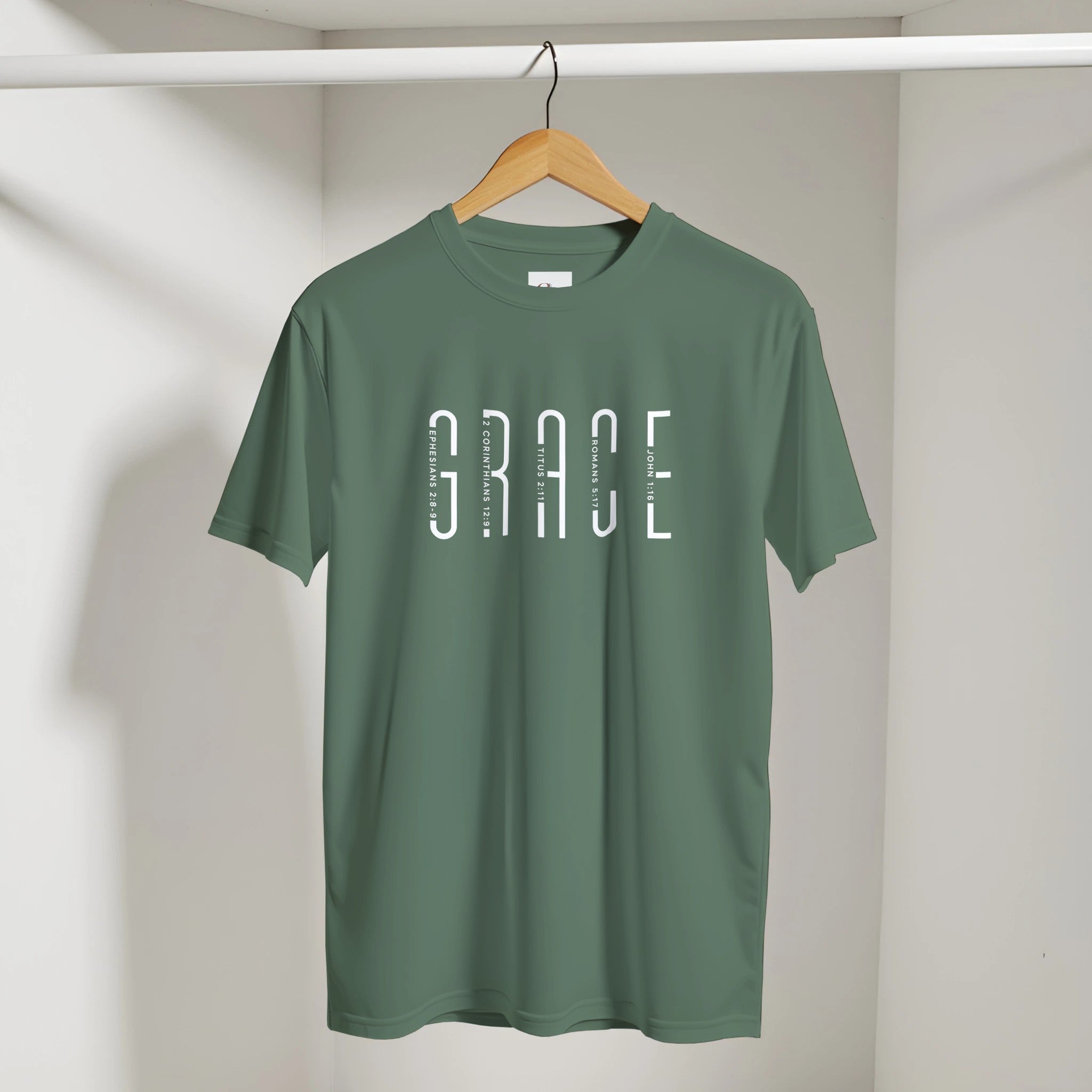 GRACE scripture letterform Christian t-shirt in green design
