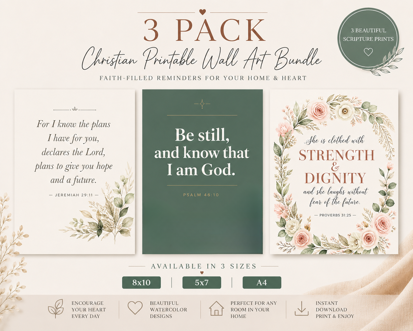 Christian Printable Wall Art Bundle | 3 Scripture Prints | Jeremiah 29:11 Psalm 46:10 Proverbs 31:25 | Instant Digital Download | Bible Verse Home Decor | 3 Sizes Included